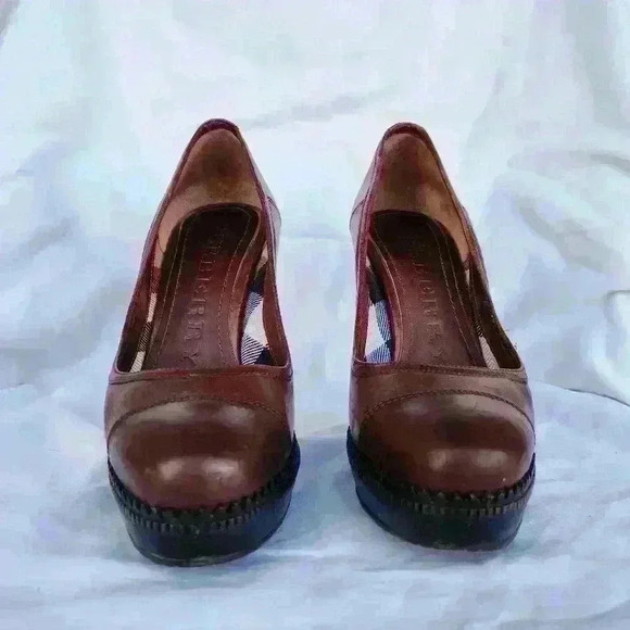 Burberry Brown Leather Pumps Serrated Platform Edge Vintage Designer Heels - Picture 4 of 9